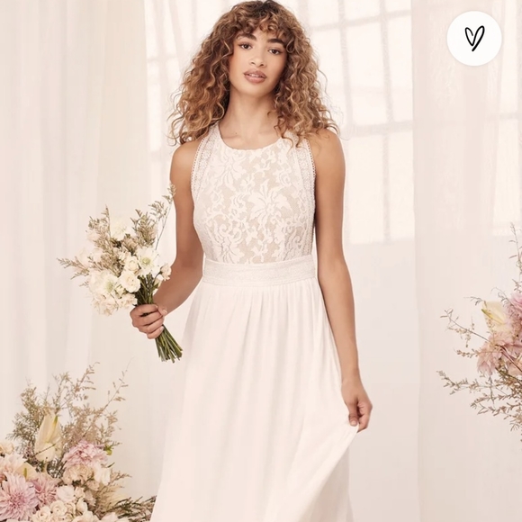 Lulu's ivory nude lace chiffon maxi dress medium *D4 - Picture 2 of 12